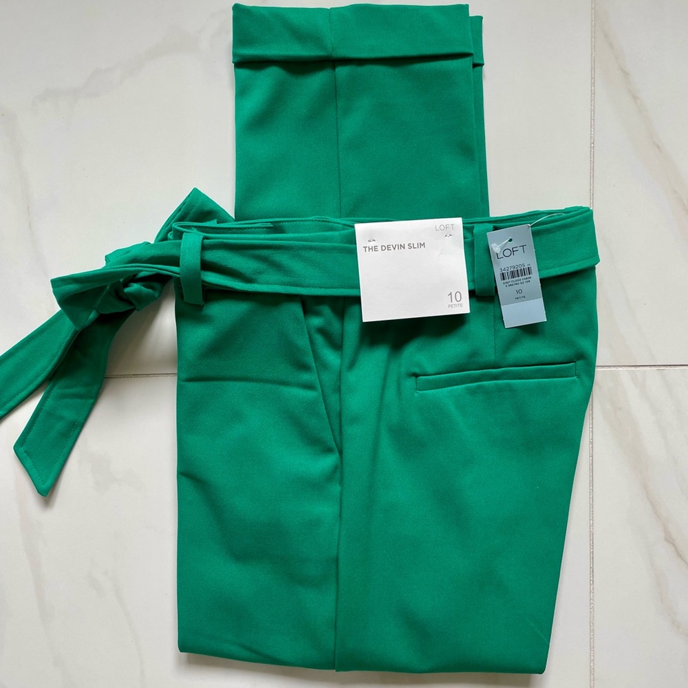 LOFT Green Tailored “The Devin Slim” Trousers with Waist Tie 10 Petite NWT